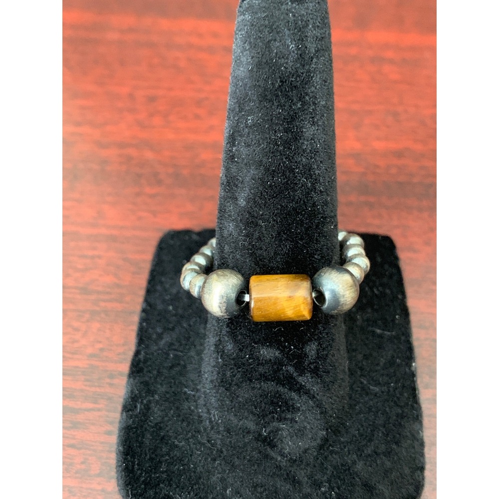 925 Sterling Silver Tiger Eye 3-6mm Desert Pearl Beaded Stretch Ring Adjustable
